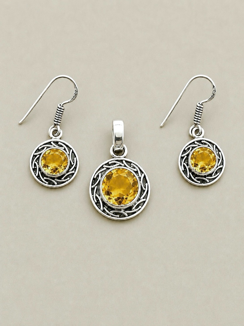 Yellow Citrine Gemstone 925 Silver Pendant+Earring Set